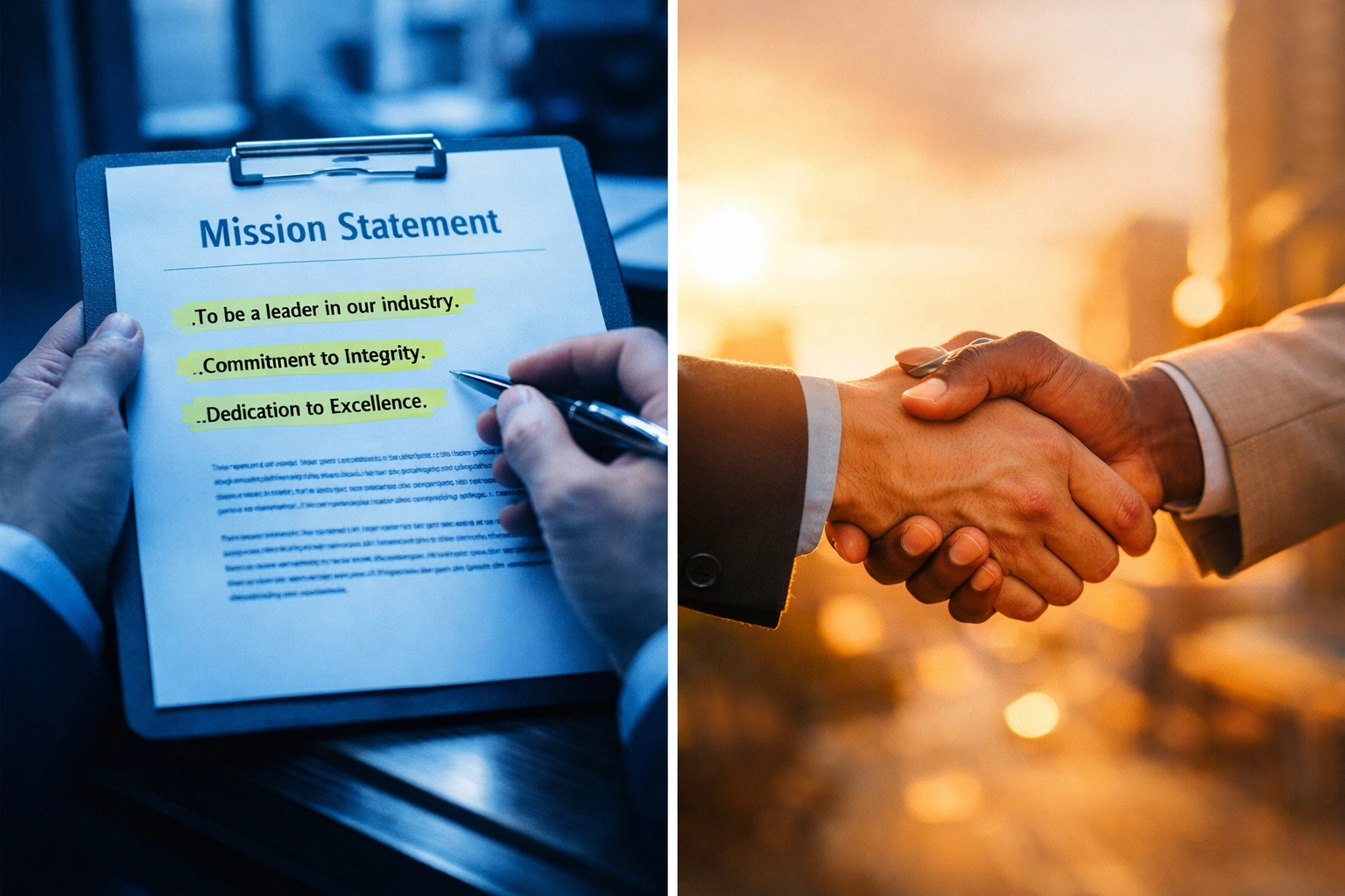 Split image contrasting corporate values document with authentic handshake between diverse professionals