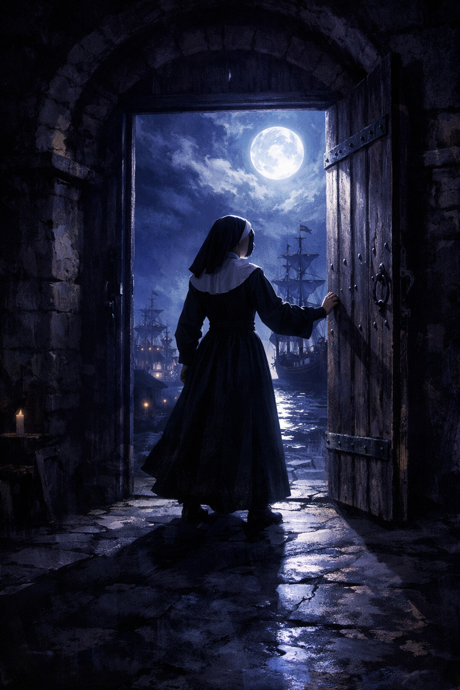 Catalina de Erauso escaping Dominican convent at night, beginning her journey as LGBTQ+ history icon