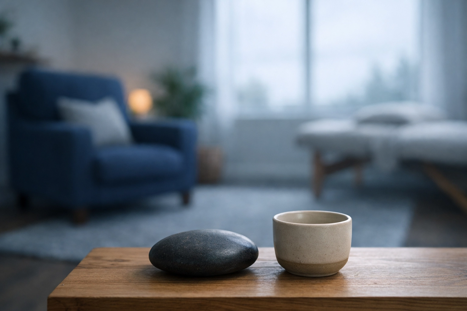 A serene and professional mind-body therapist clinic space designed for safe trauma recovery.