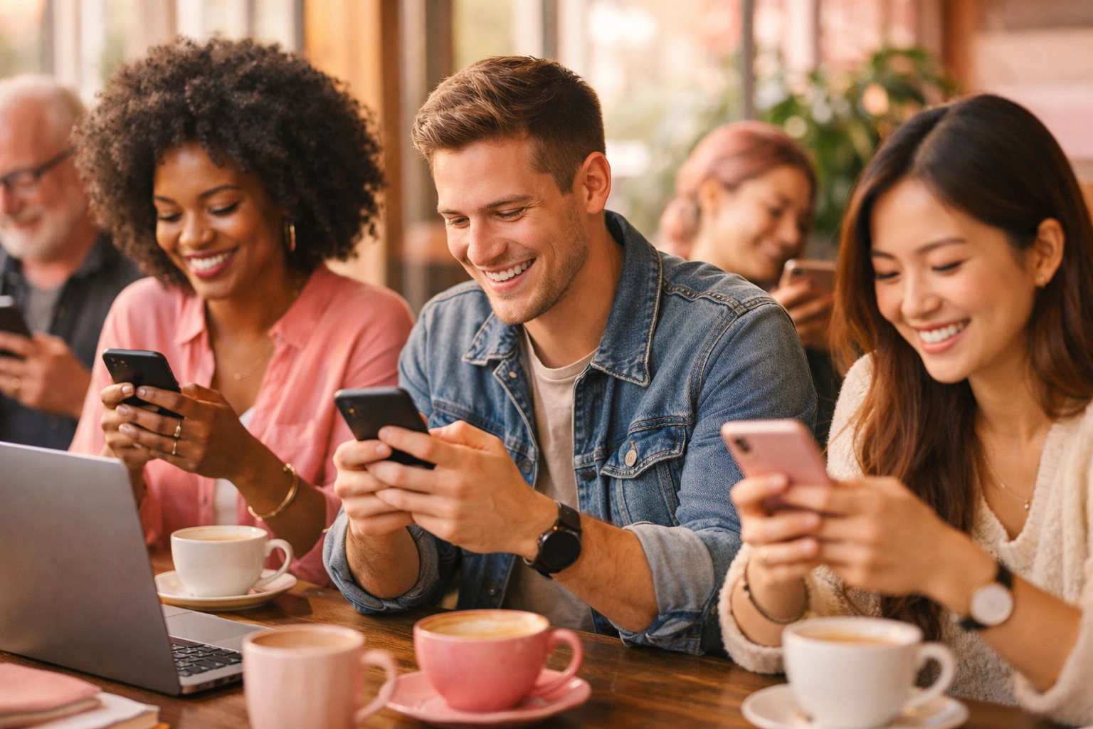 People engaging on social media at coffee shop showing community interaction and mobile usage