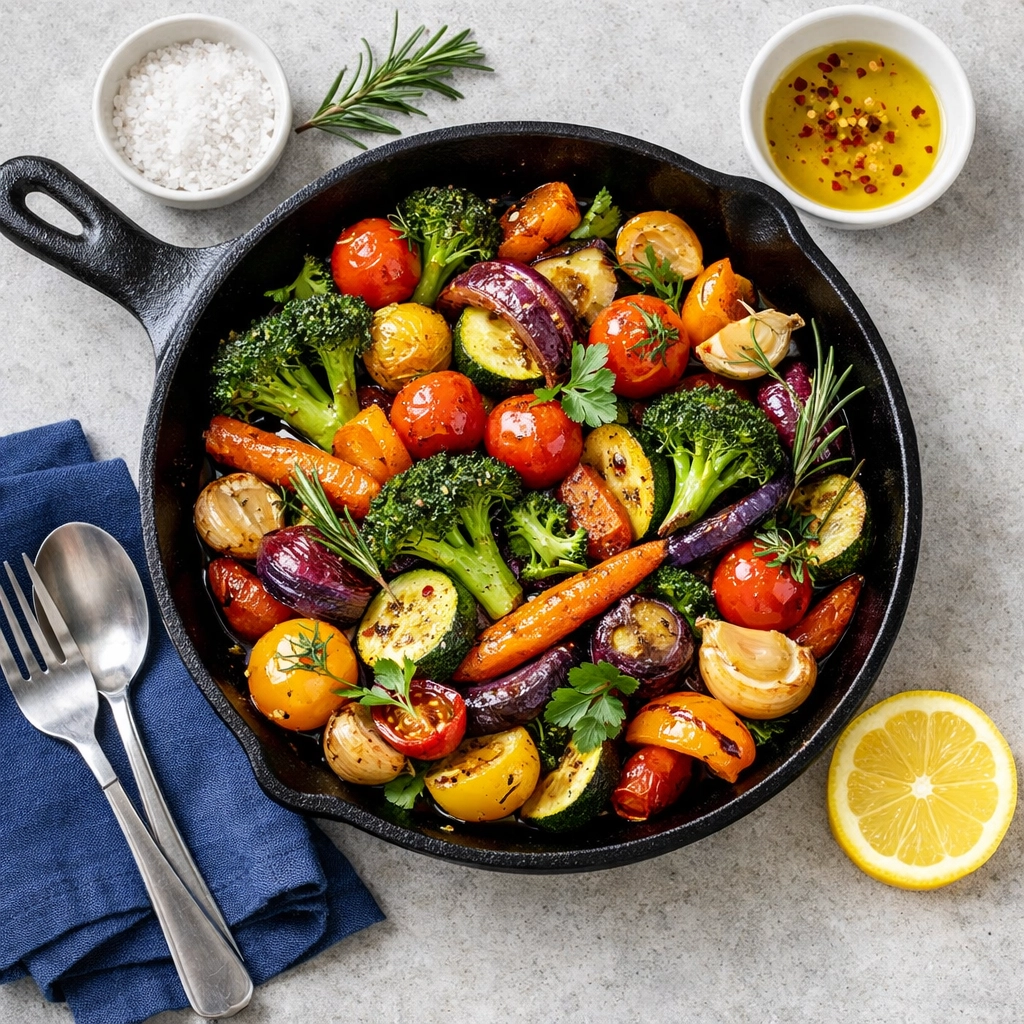 Healthy roasted vegetables served in a well-maintained cast iron skillet on a clean stone countertop.