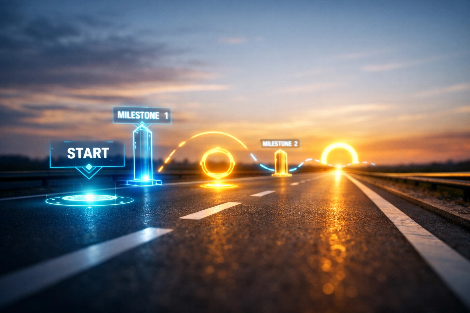 Technology roadmap pathway with milestones illustrating AI implementation journey