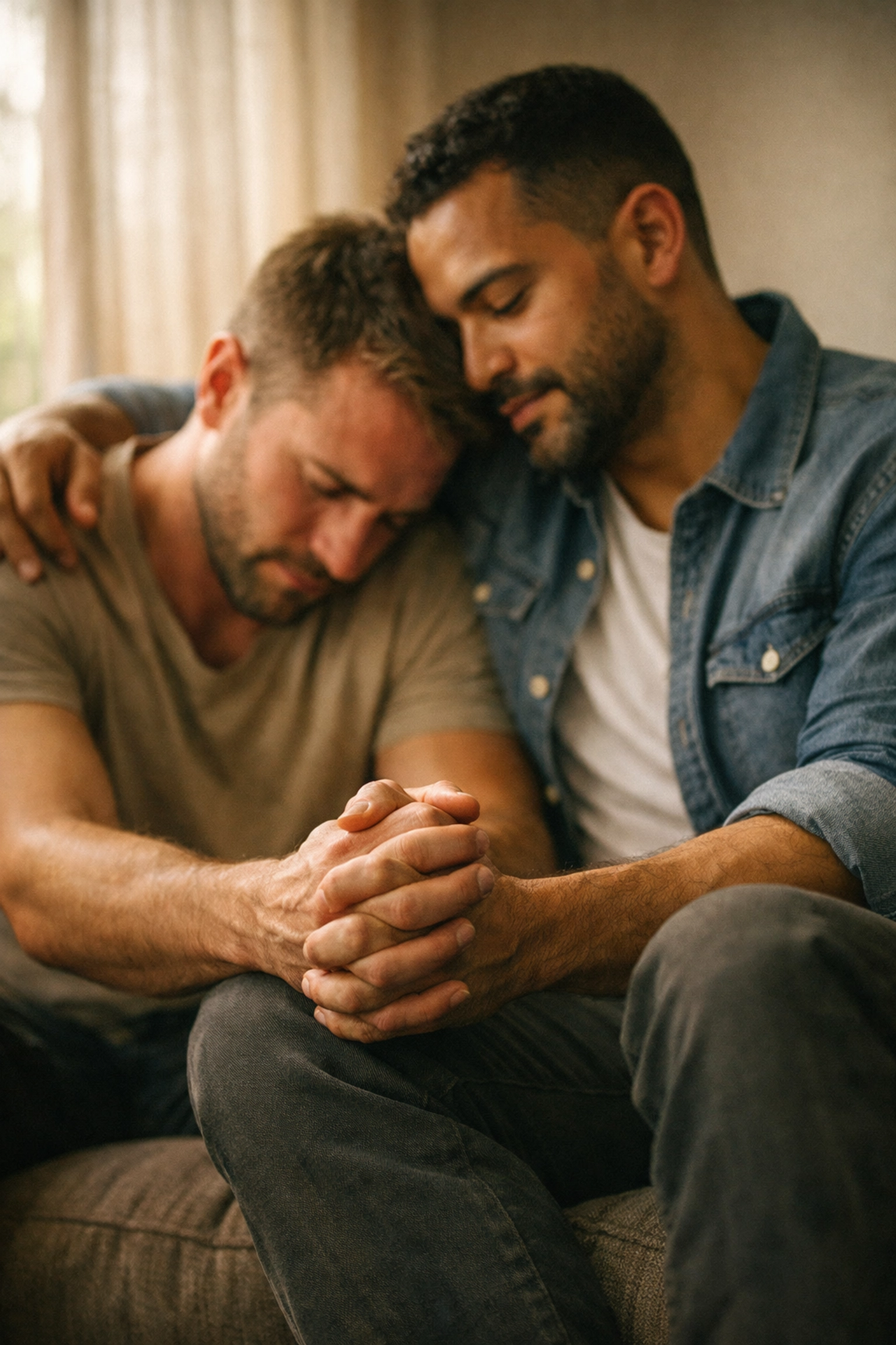 Two gay men offering support and comfort during addiction recovery process