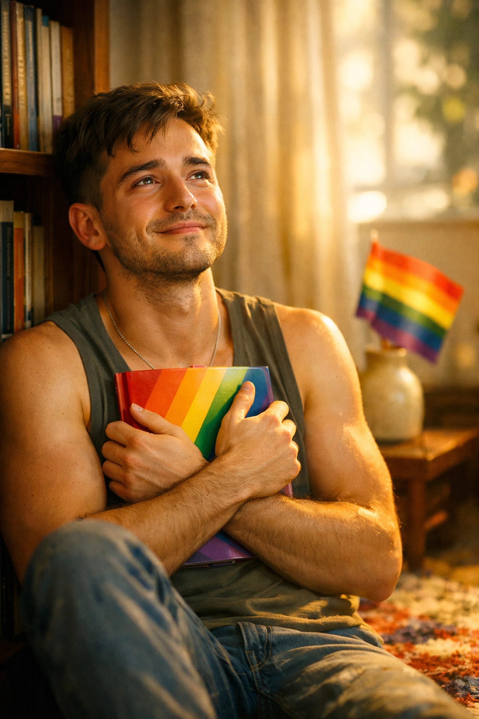 Young gay man experiencing a powerful emotional connection while reading M/M books in a sunlit room.