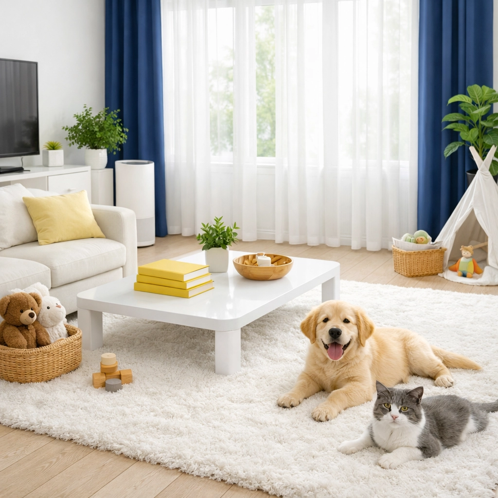 Bright family room cleaned with eco-friendly and non-toxic products in Bolton MA for kid and pet safety.