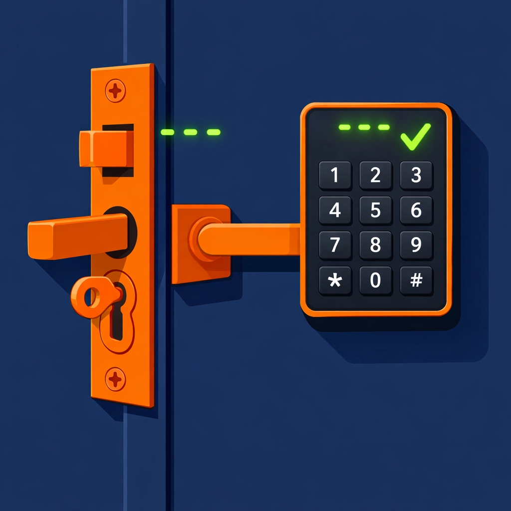 Modern high-security mortice lock and digital keypad on a commercial office door for enhanced business security.