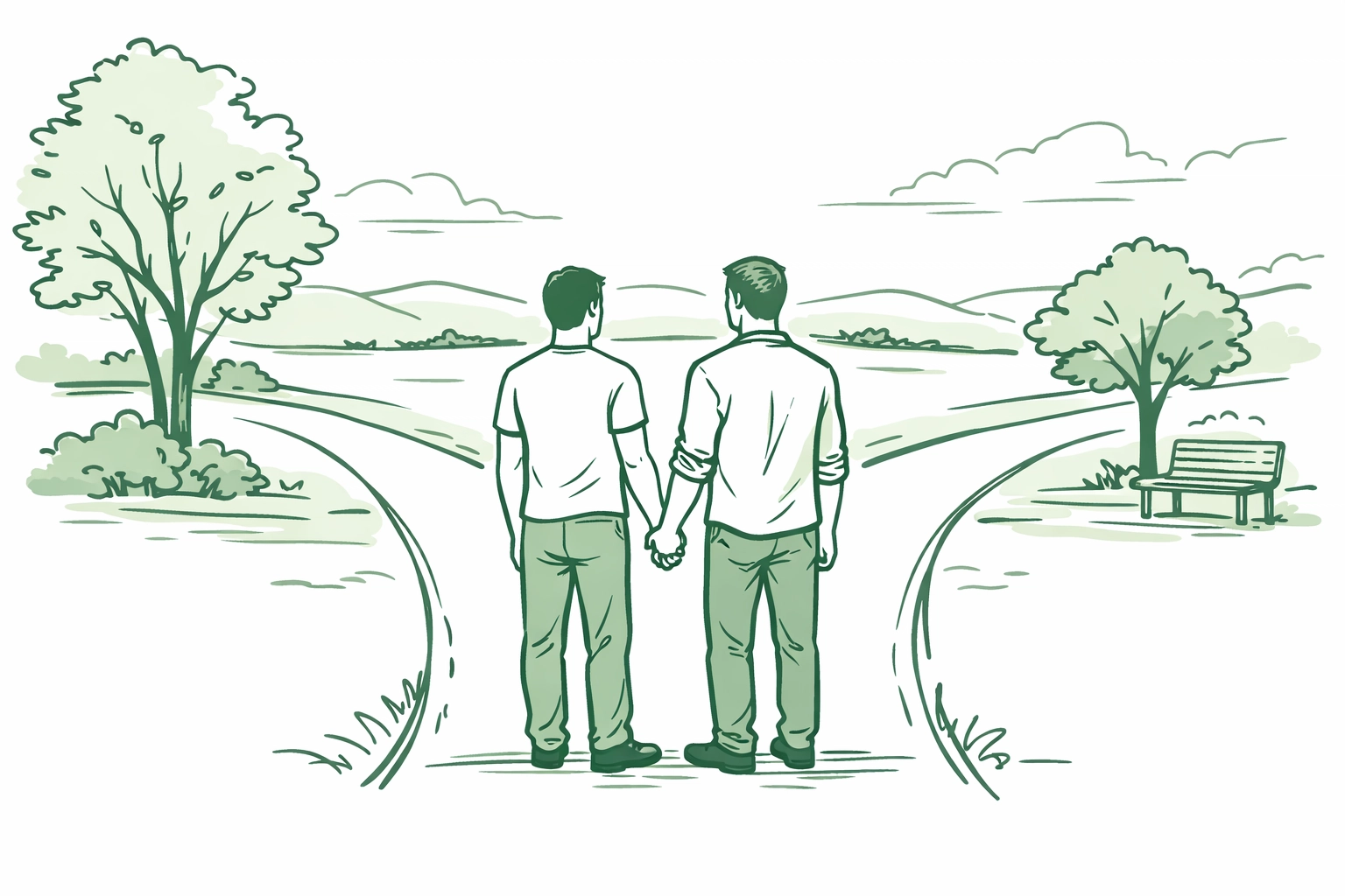 Two men holding hands at a symbolic crossroads, representing a journey in a gay romance novel.