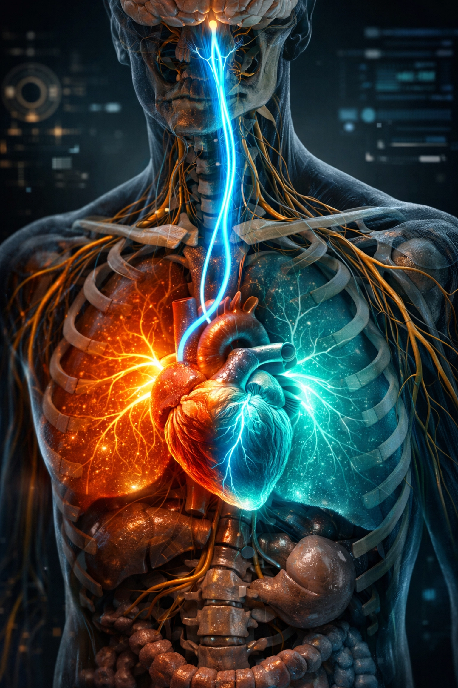 Visualization of the Vagus nerve and autonomic nervous system showing the shift between stress and relaxation states.
