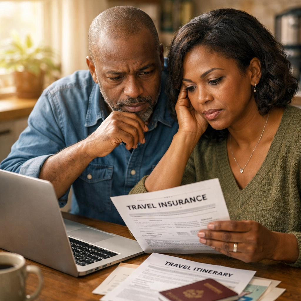 Couple reviewing travel insurance policy documents and trip paperwork at home
