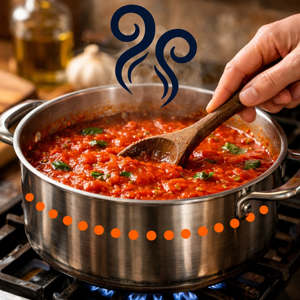 Thick tomato sauce simmering in a professional-grade stock pot on a gas stove.