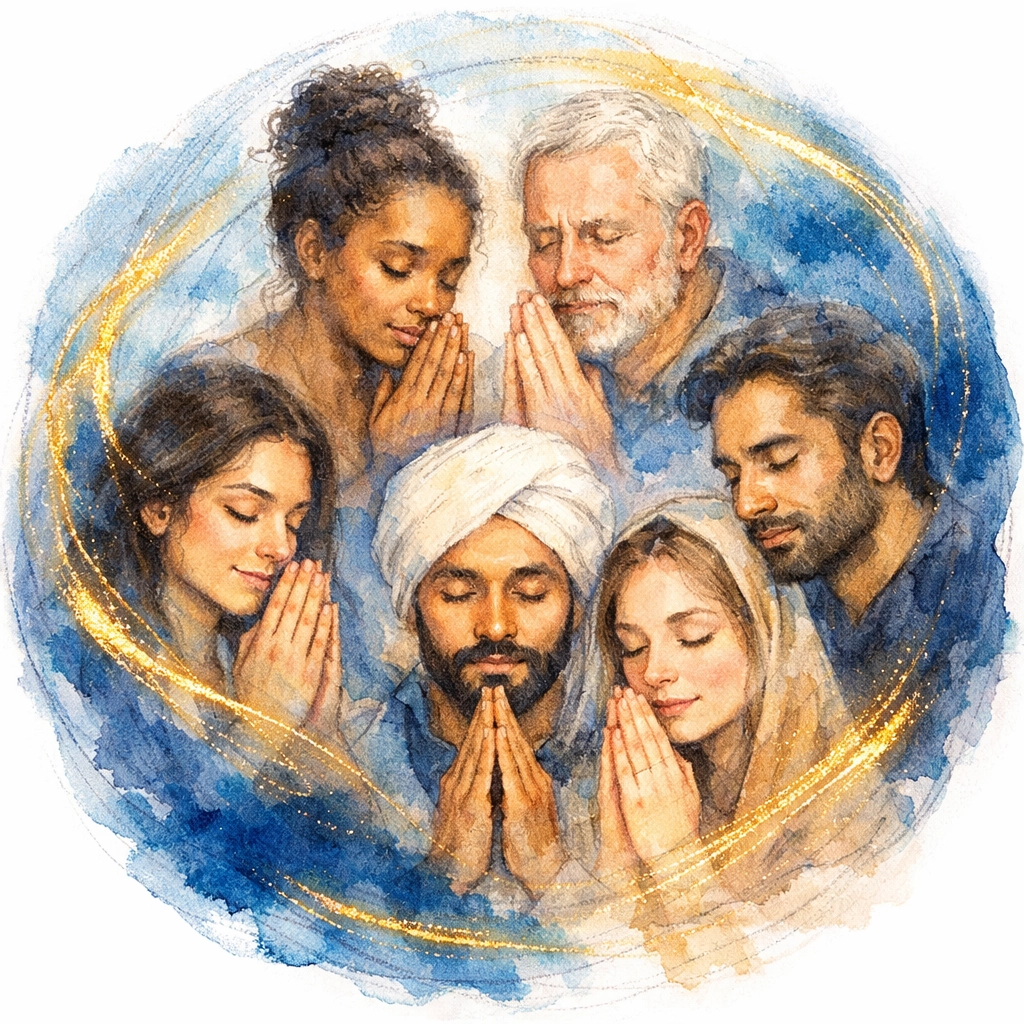 Diverse community united in prayer reflecting God's love and spiritual unity