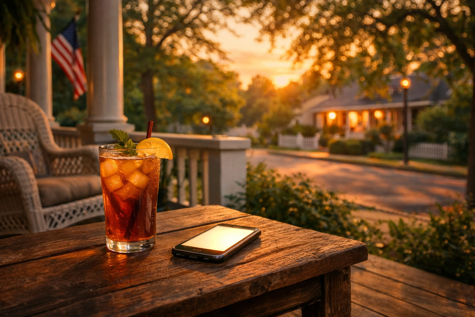 A peaceful Southern porch with a glowing smartphone symbolizing community connection and support.