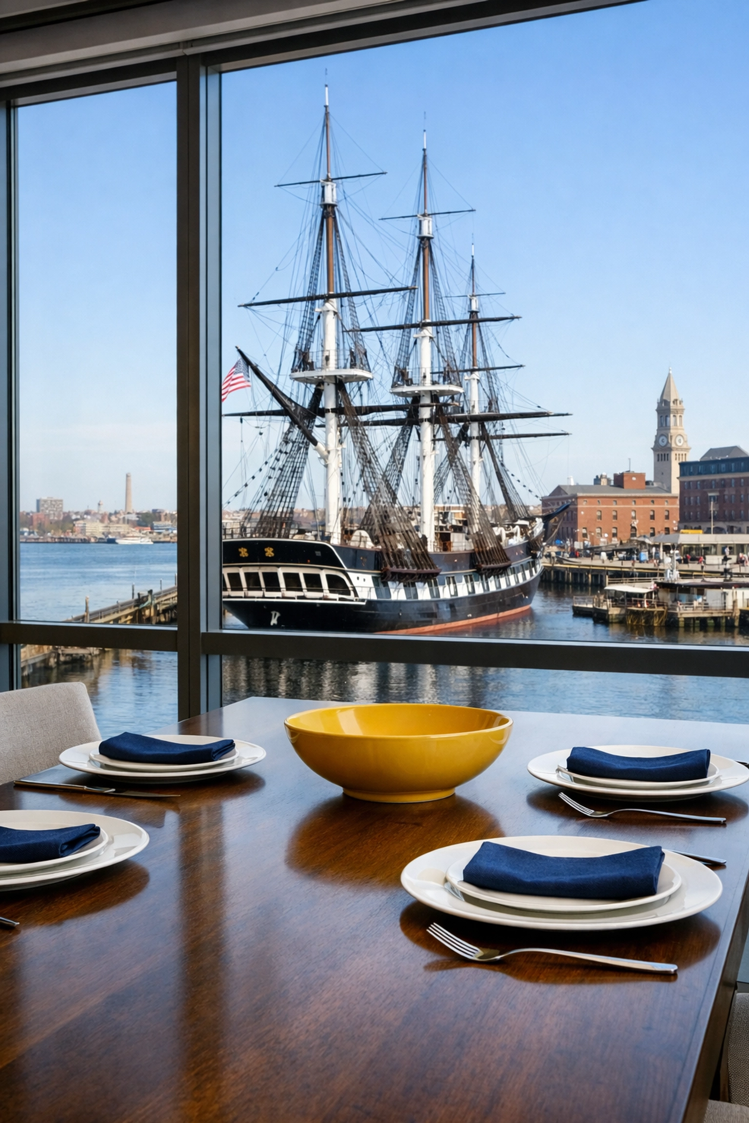 Pristine dining area in a Navy Yard condo with dust-free surfaces and views of Boston Harbor.