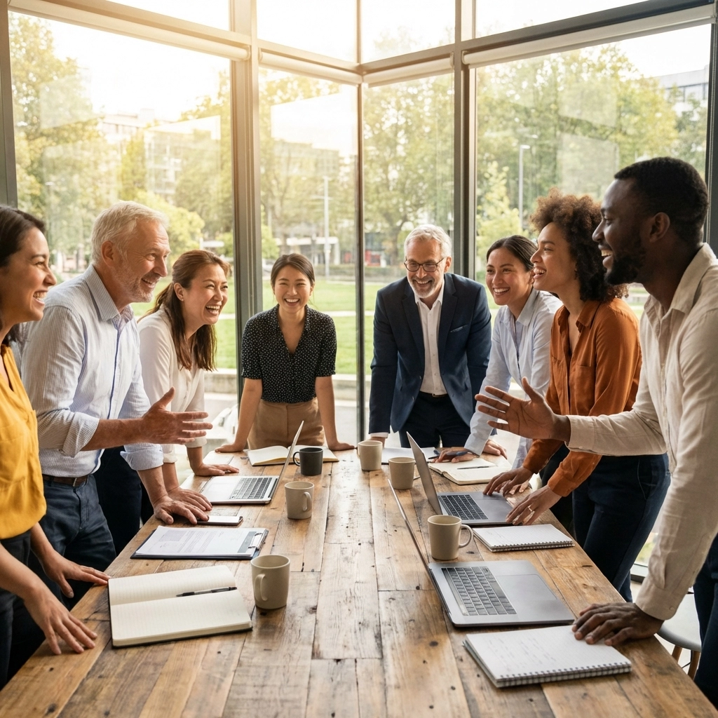 Diverse leaders collaborate in sunlight, representing abundance mindset and unity.