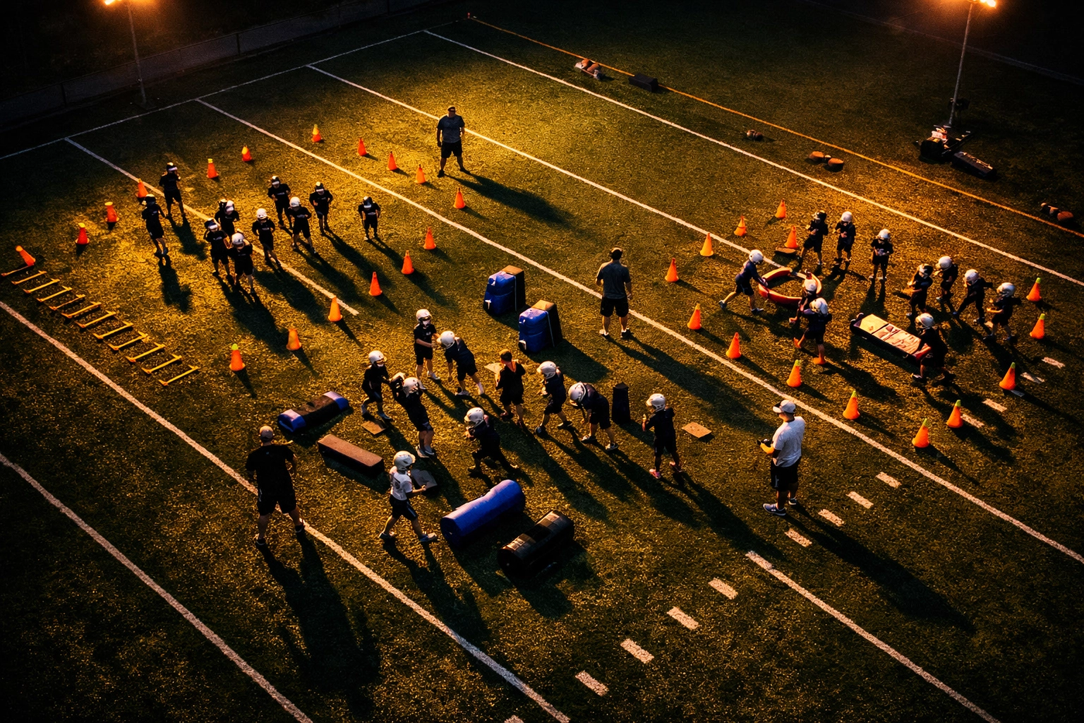 Overhead view of youth football practice with multiple drill stations and active athlete engagement