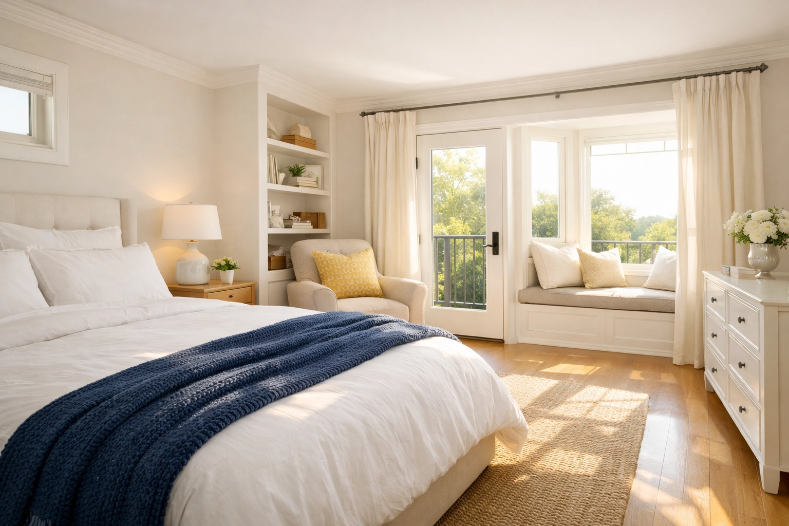 Clutter-free Bolton master bedroom showing the peaceful results of recurring bi-weekly house cleaning services.