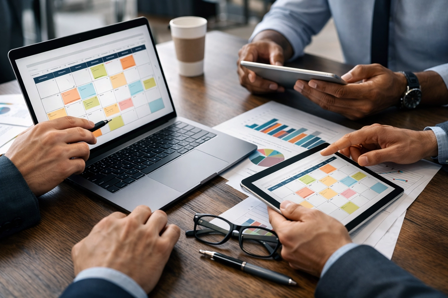 Strategic social media management team reviewing a content calendar and analytics dashboards