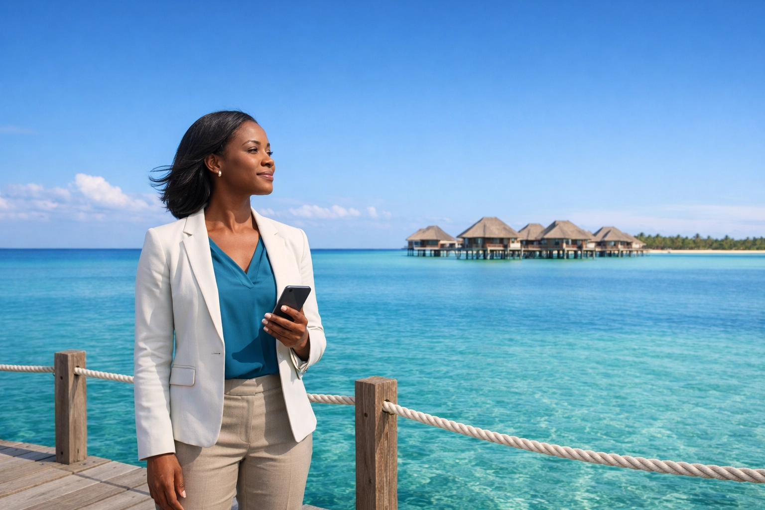 Successful travel agent managing a scalable business from a tropical Caribbean resort pier.