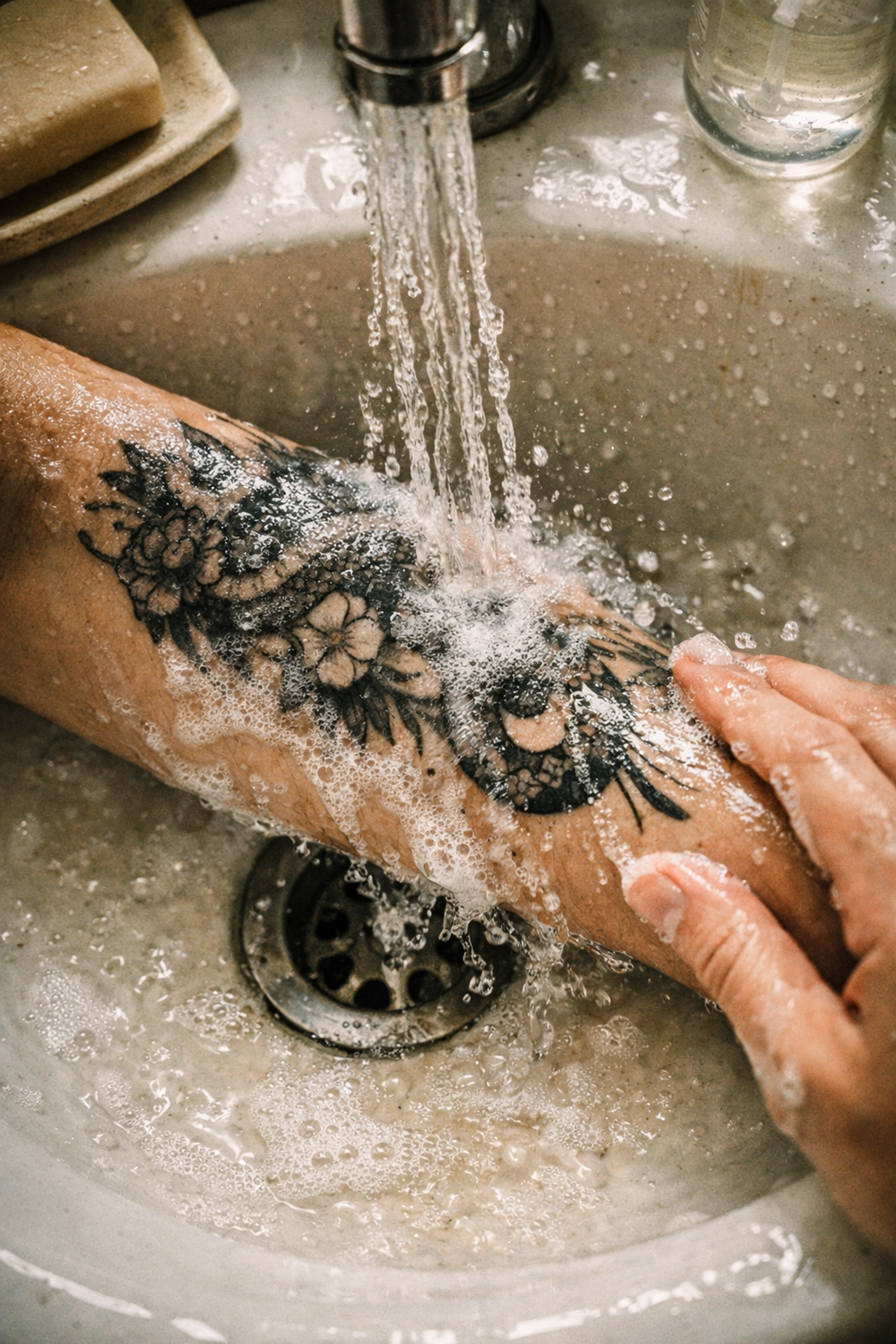 Cleaning a fresh tattoo with mild soap at a tattoo shop hixson tn.