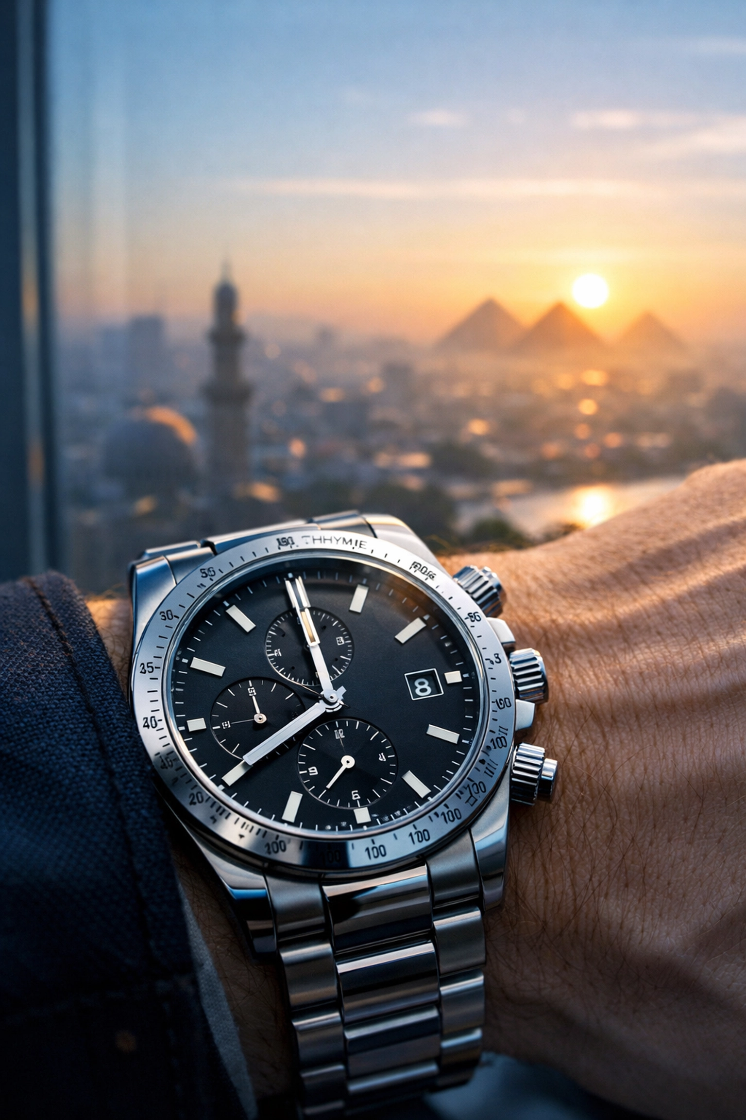 A traveler checking a watch at 8:00 AM with the Cairo skyline and Pyramids in the background.