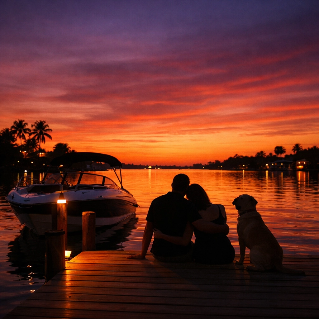 Family enjoying the Southwest Florida waterfront lifestyle on a private dock at sunset.