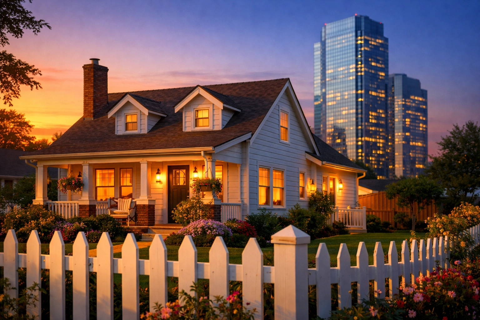 Sun-drenched suburban home contrasting with corporate skyscrapers representing the housing crisis.