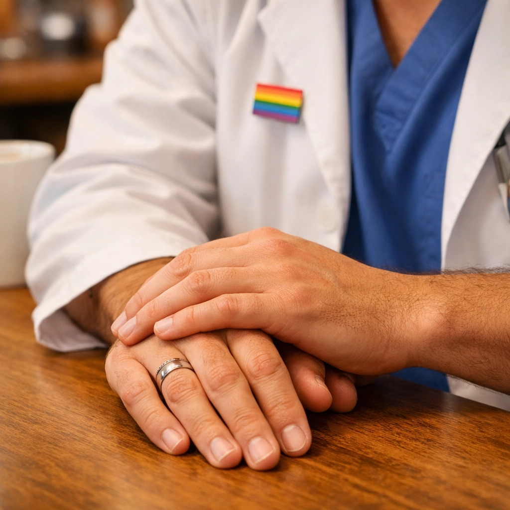 Two men in scrubs holding hands on a breakroom table with a pride pin, highlighting LGBTQ+ medical gay fiction.