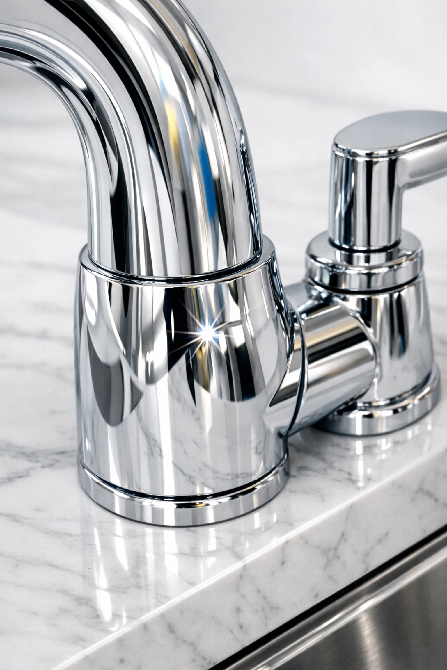 Sparkling clean chrome faucet and marble counter after detailed residential cleaning Natick MA services.