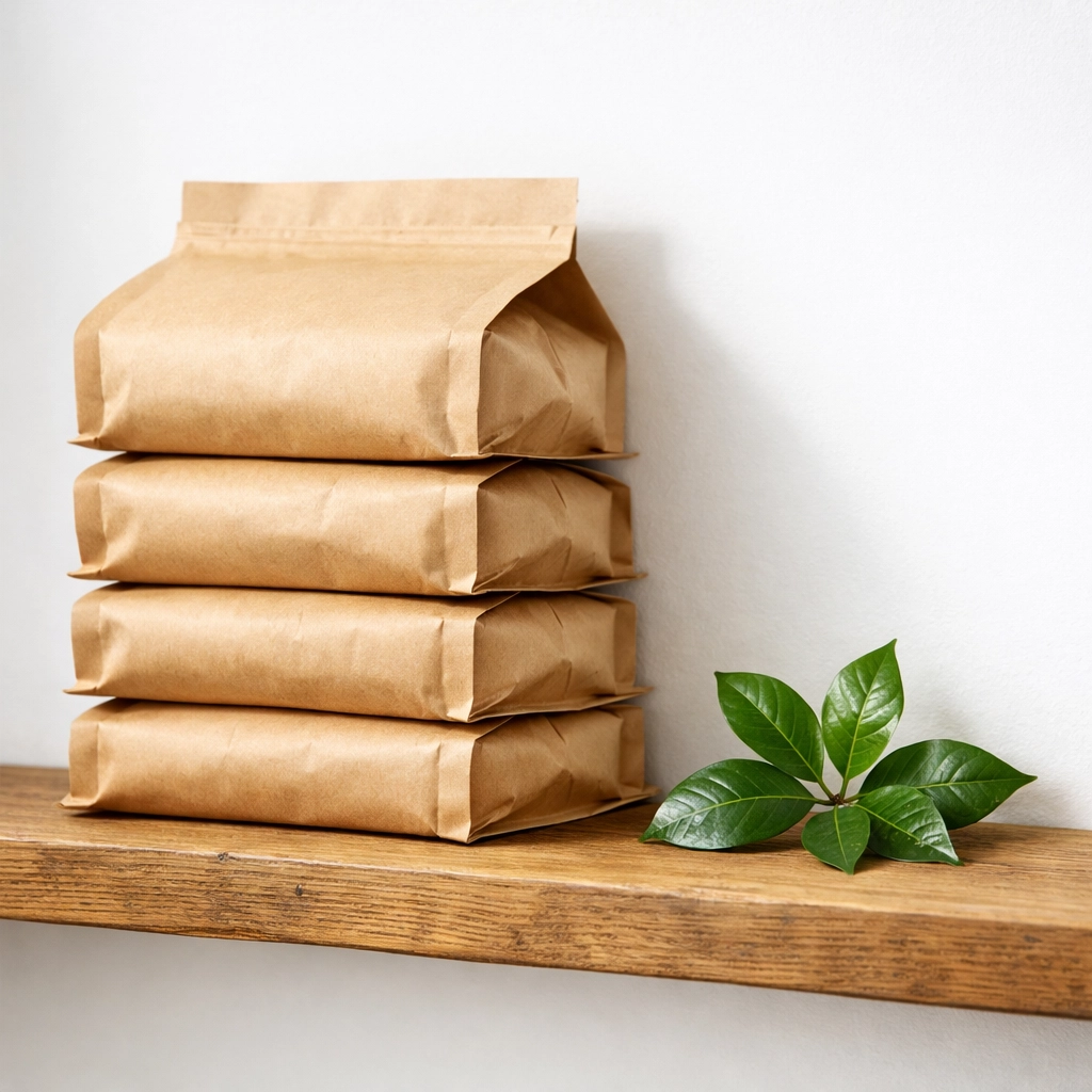 Ordered bags of wholesale coffee on a shelf, ensuring supply chain reliability for café owners.