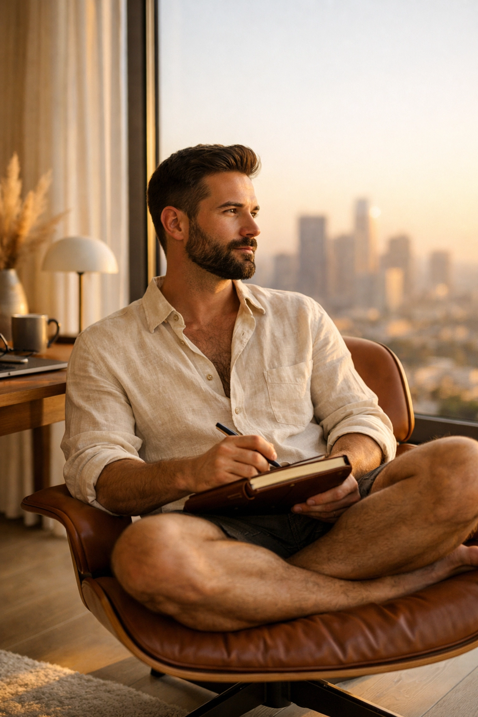 A gay professional reflecting on his career and identity in a modern home office.