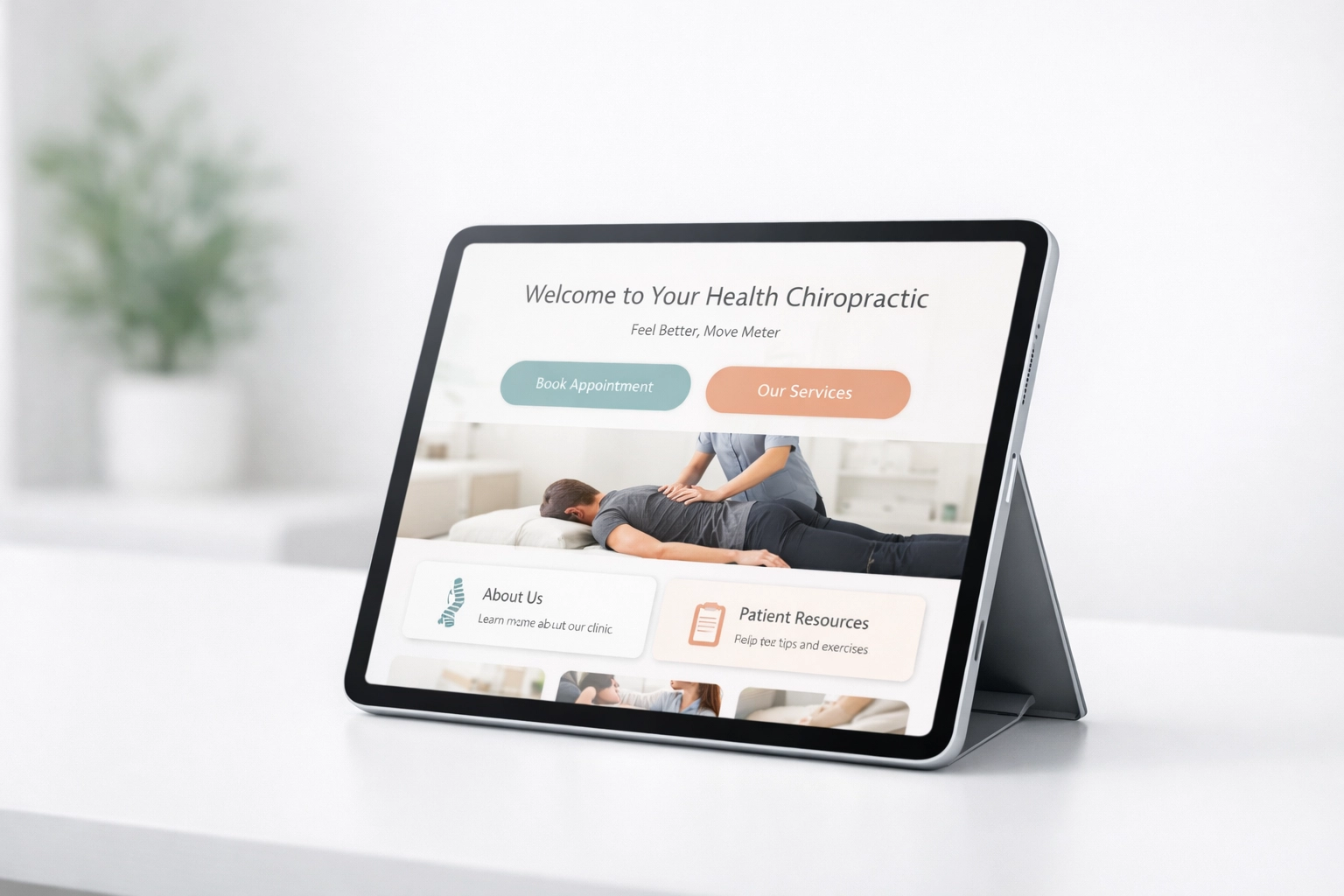 Professional chiropractic website on a tablet in a clean clinical setting to improve patient conversions.