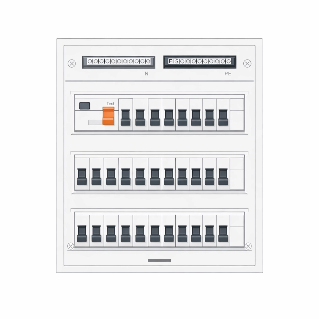 Moderner Sicherungskasten mit FI-Schutzschalter für den Elektriker Notdienst Wien.