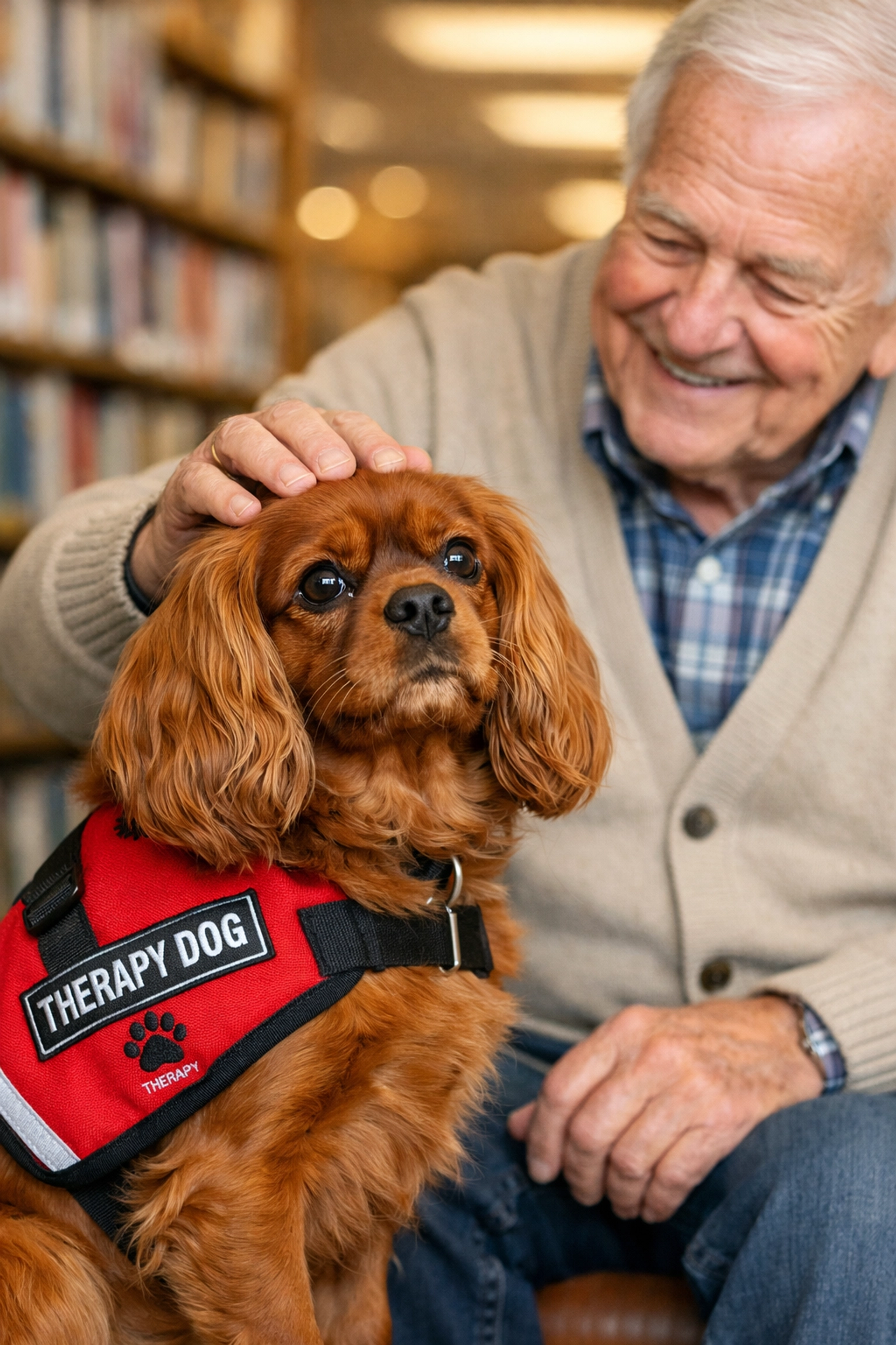 A therapy-quality Cavalier King Charles Spaniel in Oregon wearing a vest to assist an elderly man.