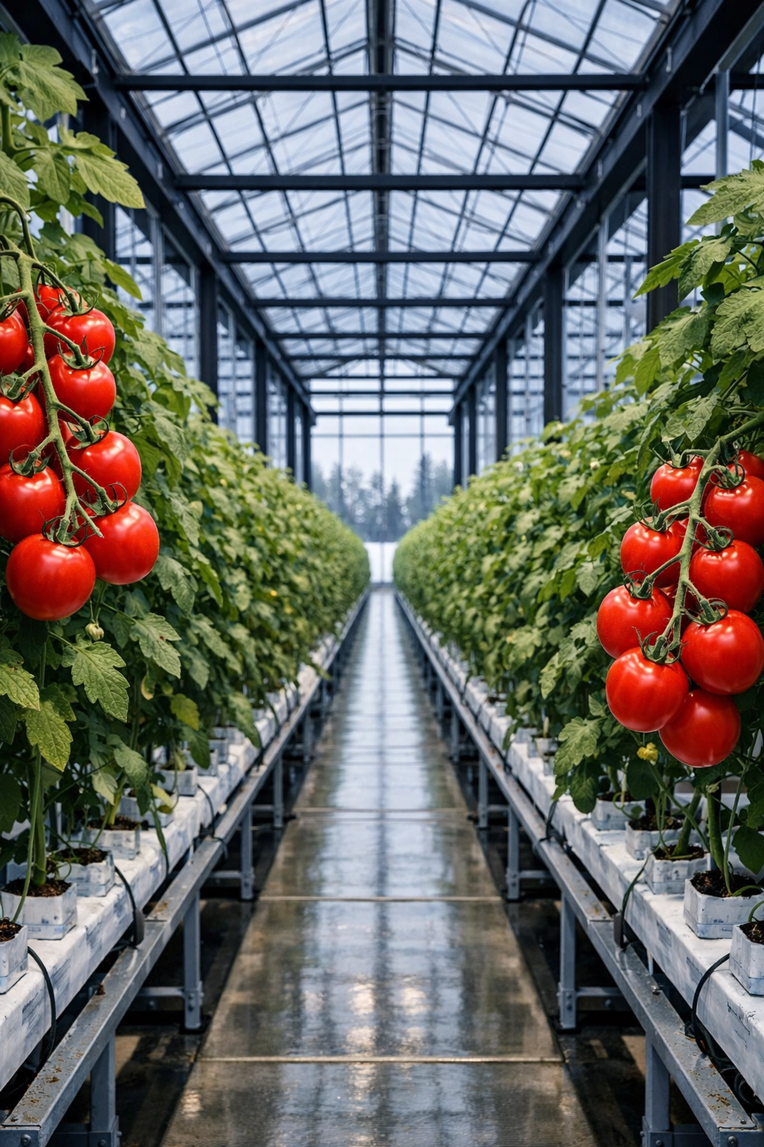 High-tech Canadian greenhouse with hydroponic plants representing local agricultural food security.