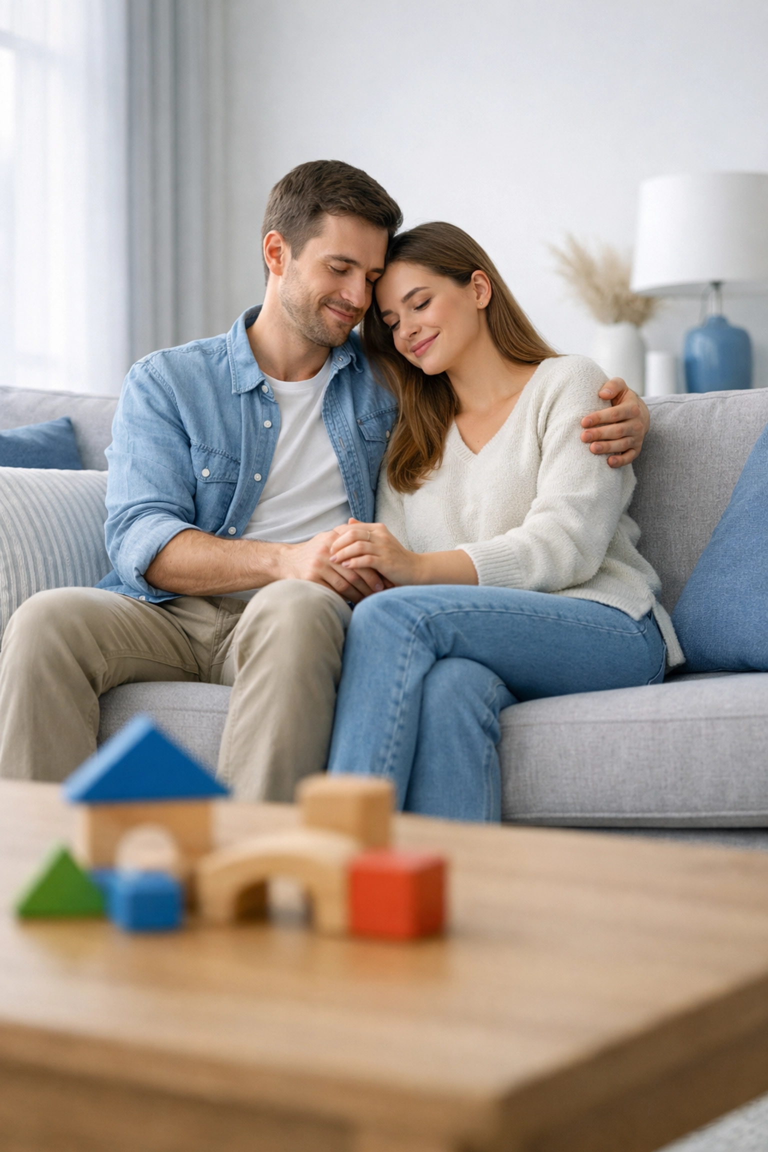 Young parents at home reflecting the financial security and peace of mind from a term life insurance policy.