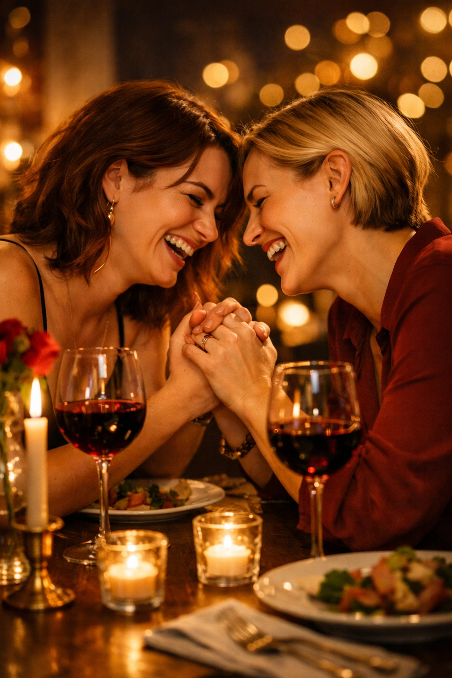 Lesbian couple enjoying romantic dinner at LGBTQ-friendly restaurant