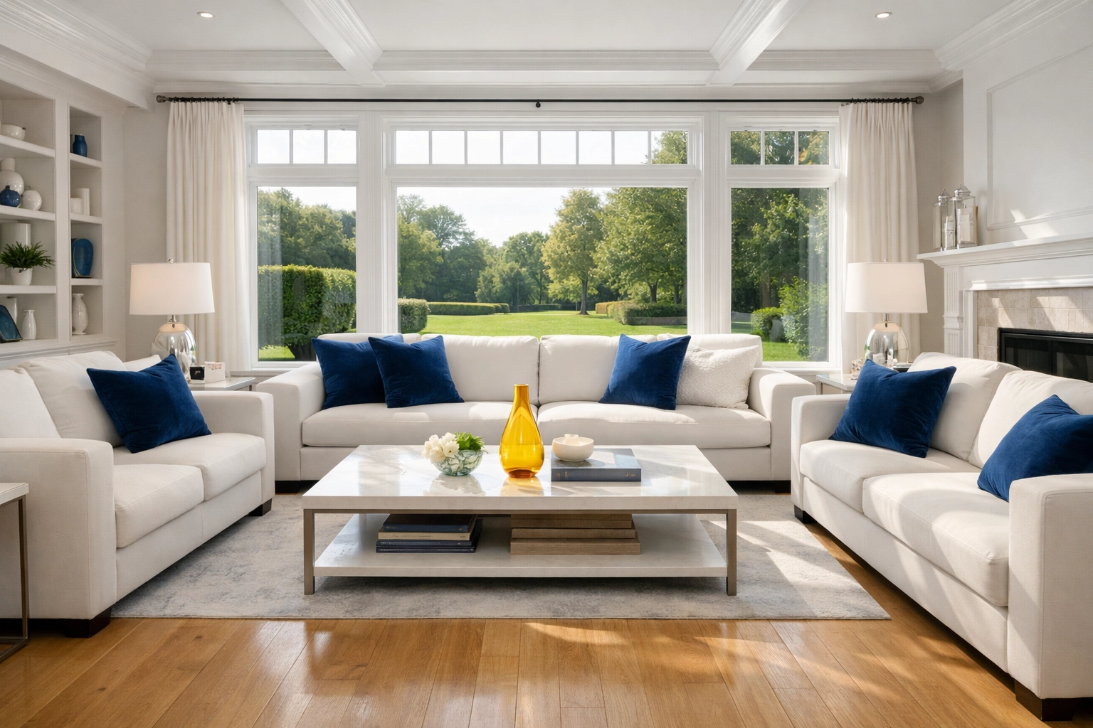 Immaculate living room with polished hardwood floors in a luxury home after professional house cleaning.