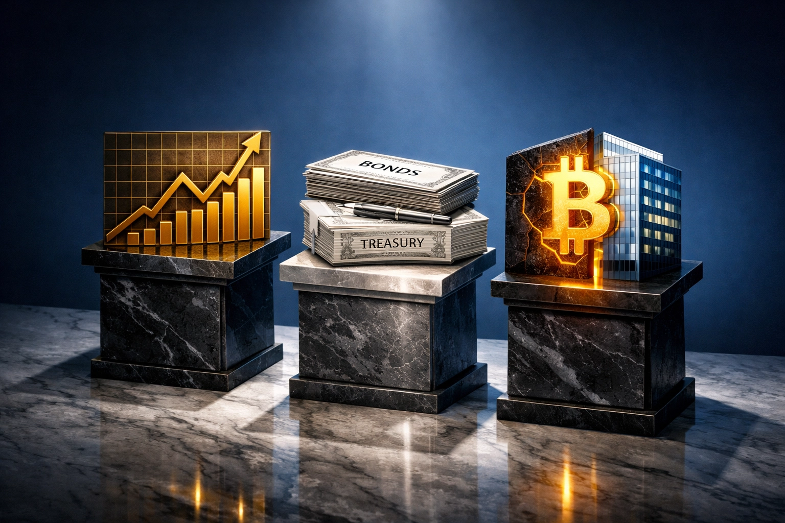 Three investment pillars representing 40/30/30 portfolio: stocks, bonds, and crypto-real estate alternatives