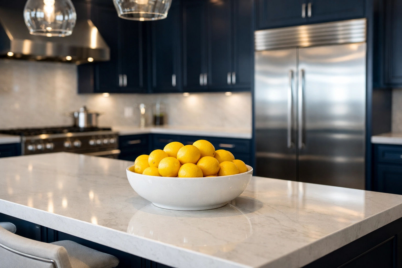 High-end kitchen with polished stainless steel and white quartz in a clean Wenham home.