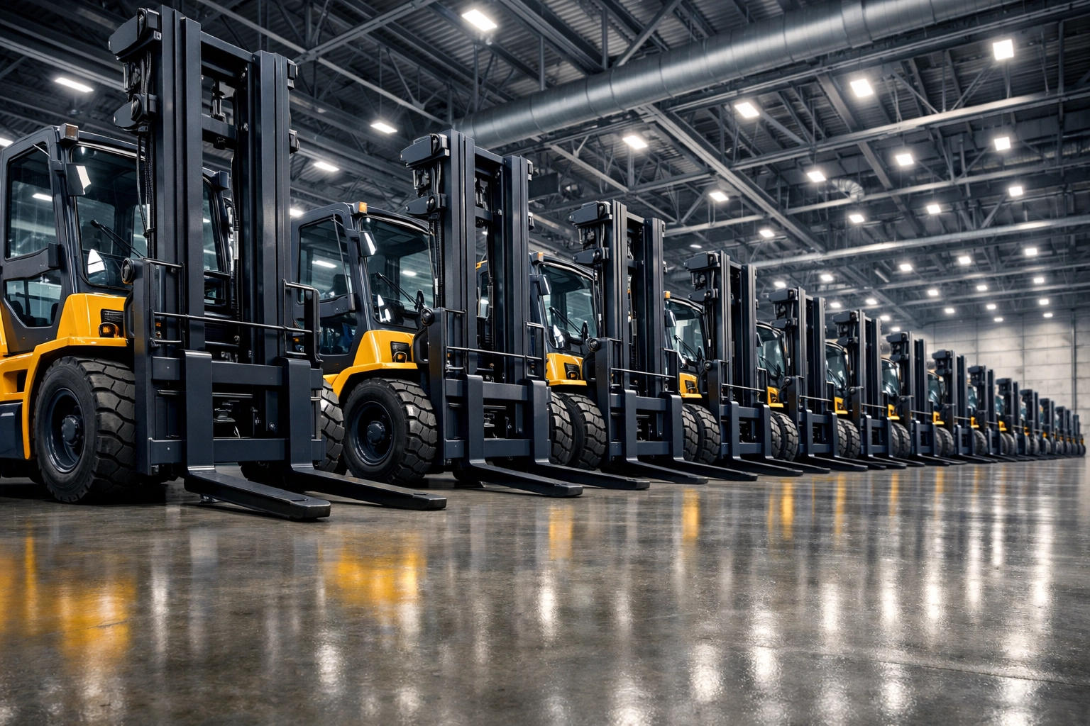 A professional fleet of refurbished used forklifts for sale in a large Houston material handling showroom.