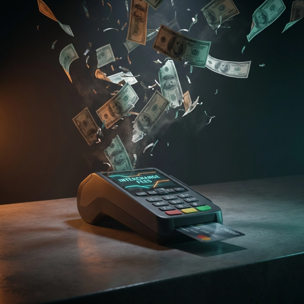 Cash shredding from a POS terminal, symbolizing high interchange fees in traditional payment processing