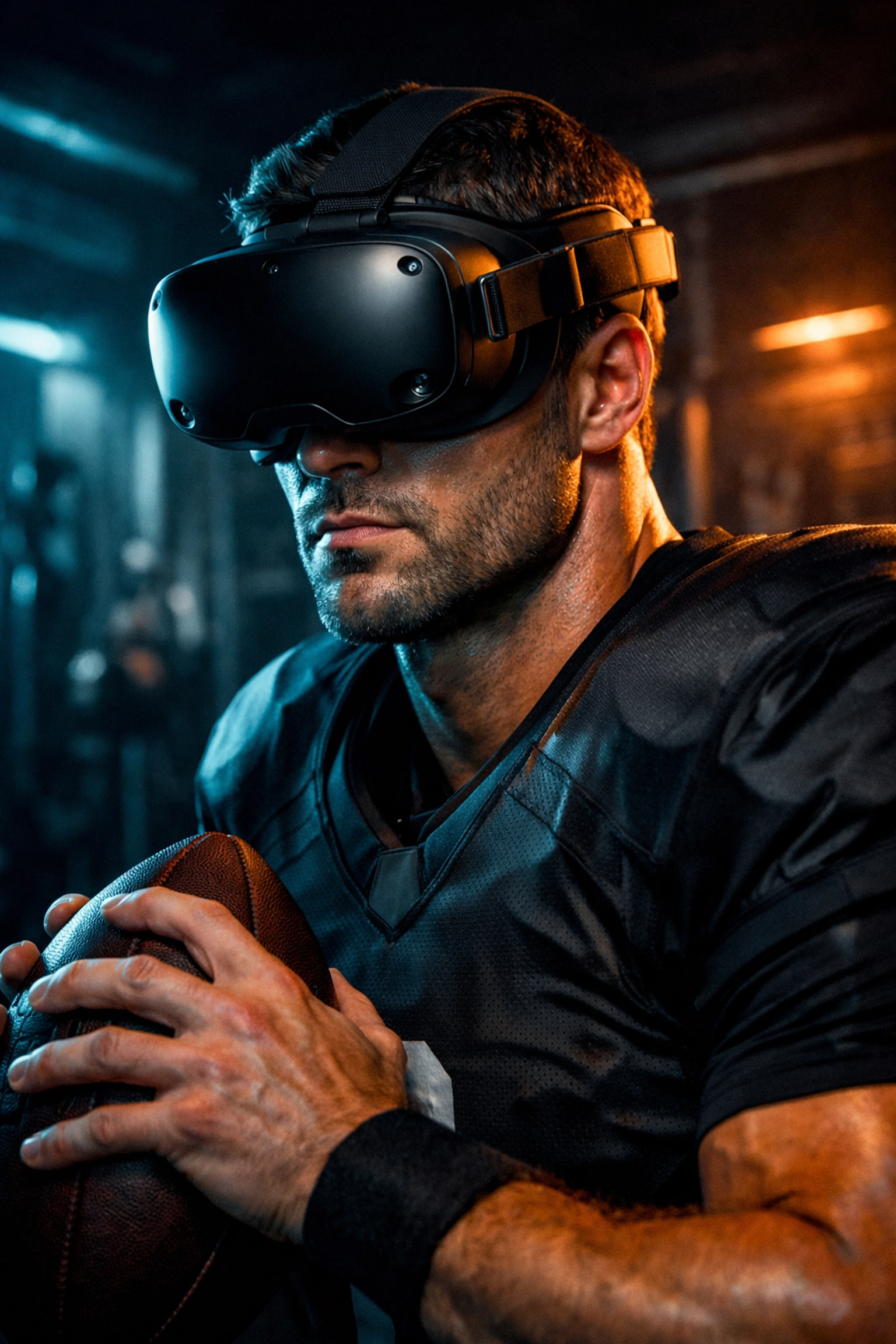 Professional quarterback using a VR headset to simulate game plays and practice mental reps in a training facility.
