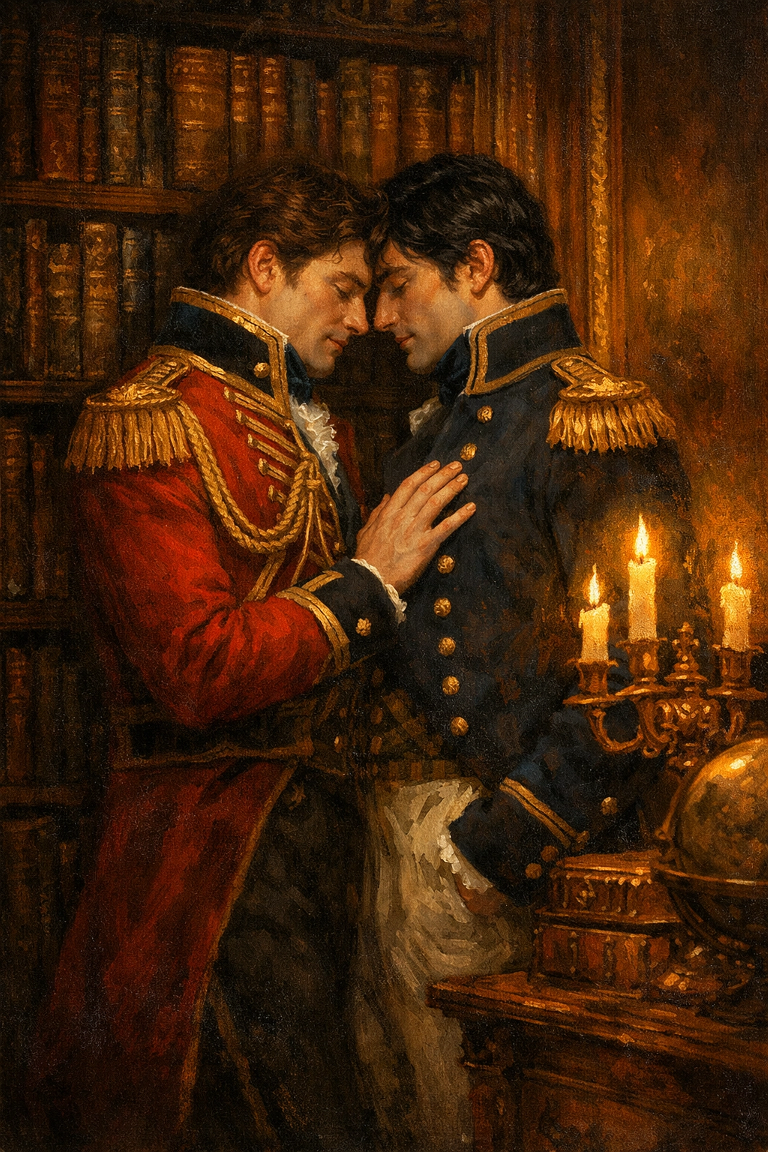 Two men in Regency uniforms sharing an intimate moment in a library, depicting gay historical romance.