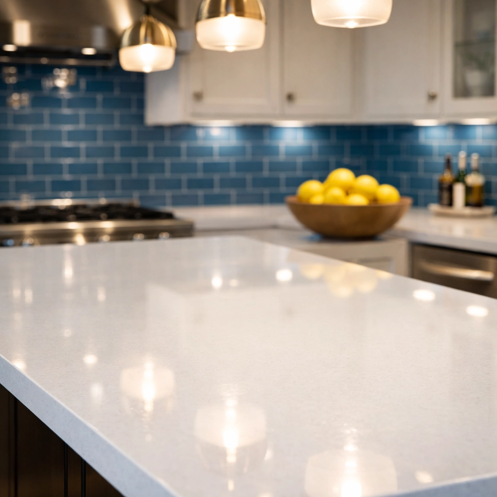 Spotless luxury apartment kitchen with sanitized white quartz countertops in Leominster Massachusetts.