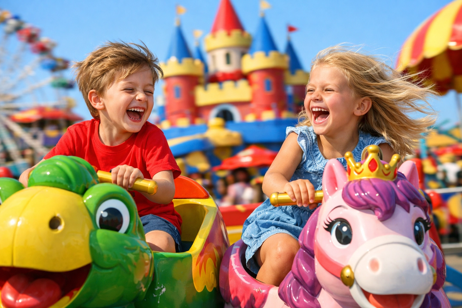 Kids enjoying a colorful carousel at a theme park, a top activity for fun family travel.
