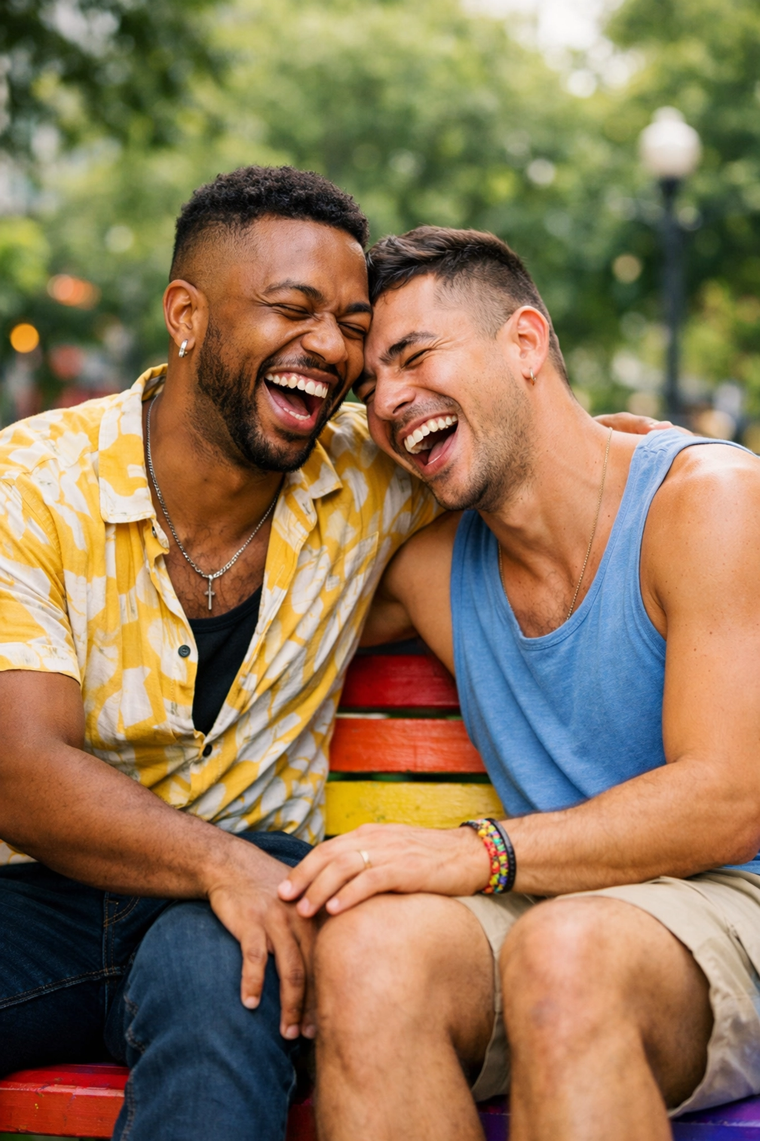 Two diverse gay men laughing on a park bench, enjoying a happy date without the weight of HIV stigma.