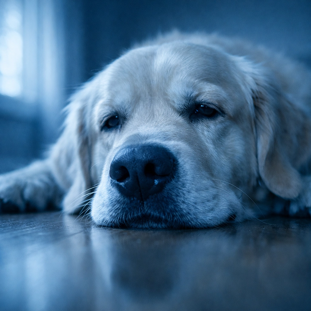 Lethargic golden retriever lying on hardwood floor where mold spores accumulate near ground level