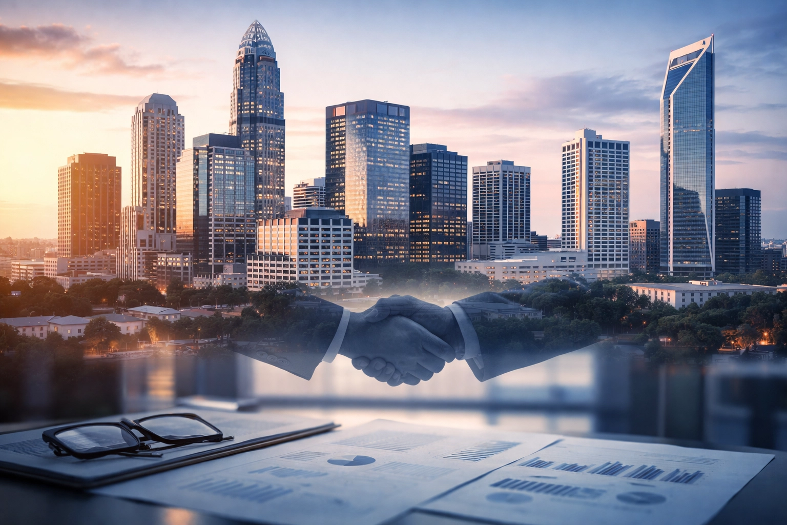 North Carolina skyline at sunset with business brokers North Carolina facilitating acquisitions and deals