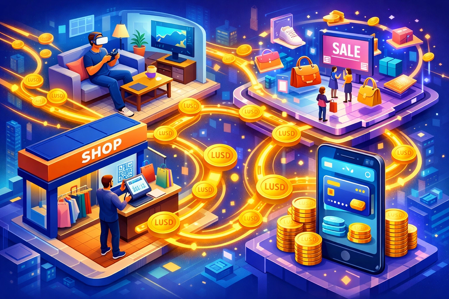 Hybrid retail payment ecosystem connecting physical stores and metaverse shops via LUSD crypto POS