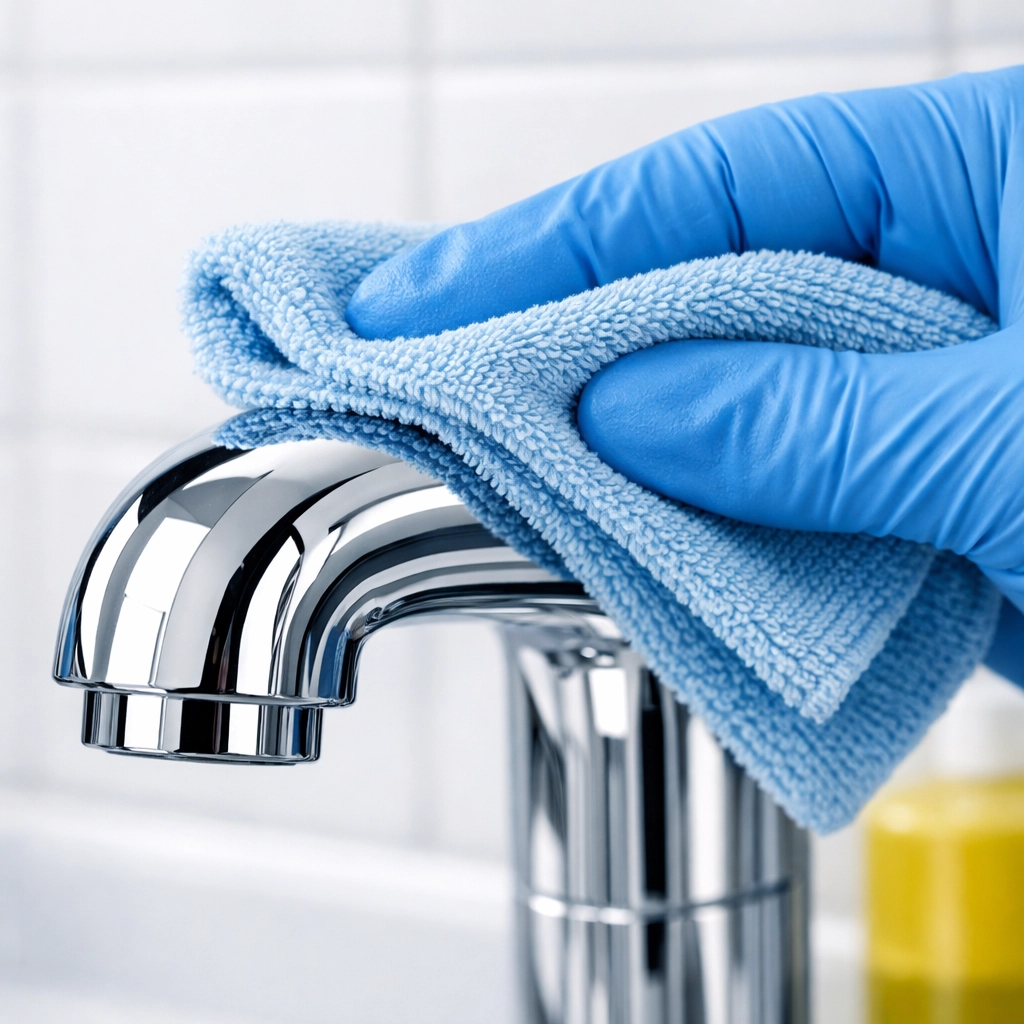 Professional medical-grade cleaning of a dental sink faucet to ensure a sterile environment.